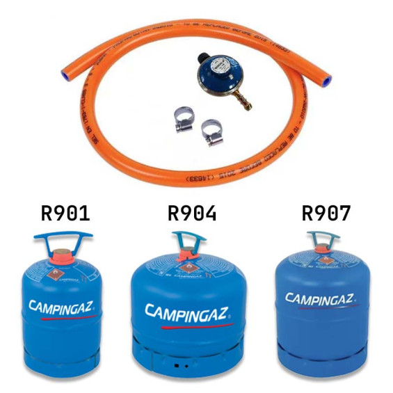 kit tuyau de gaz souple, colliers de serrage, détendeur type 140 pour bouteille Campingaz R901, R904 et R907