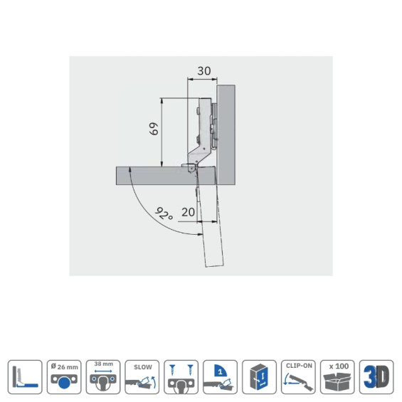 Dimensions de la charnière soft close pour paroi fine
