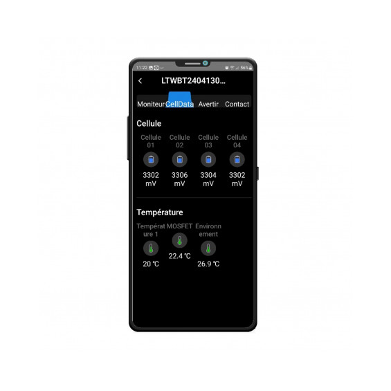 Batterie lithium LiFePO4 Koonekt KL5 200Ah sous-siège - application Koonekt KL5 écran moniteur tension et température