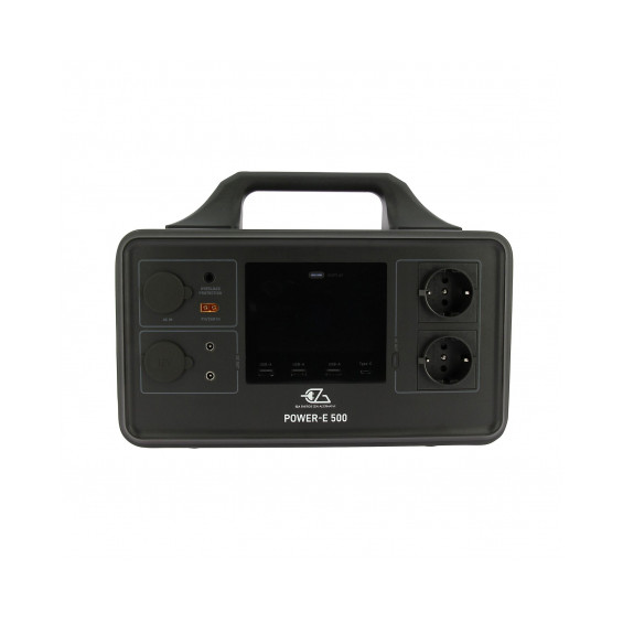 Station électrique portable EZA Power-E 500, vue de face, écran LCD et ports de sortie visibles