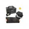 Vue d'ensemble du pack EZA : Power Station E1200, sacoche de transport et panneau solaire 100W