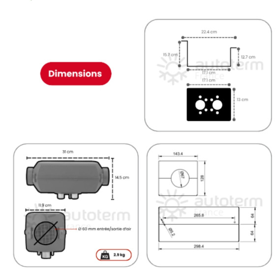Dimensions du chauffage autoterm pour van aménagé