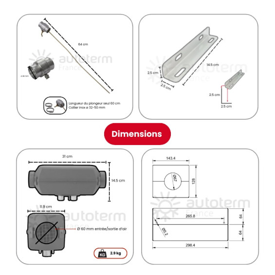 Dimensions du kit de chauffage autoterm Air 2D pour ford transit custom