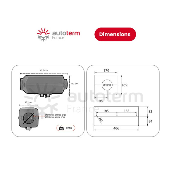Dimensions Kit chauffage Autoterm Peugeot Boxer, Fiat Ducato, Citroën jumper, Opel movano L3 et L4