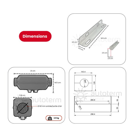 Dimensions du kit chauffage autoterme 2D pour Mercedes Sprinter L1L2
