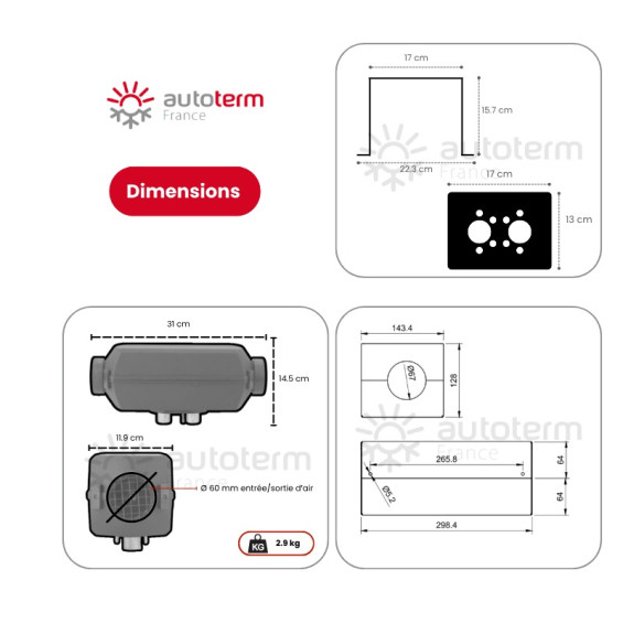 Dimensions du Kit chauffage Fiat Talento - montage extérieur - 12V