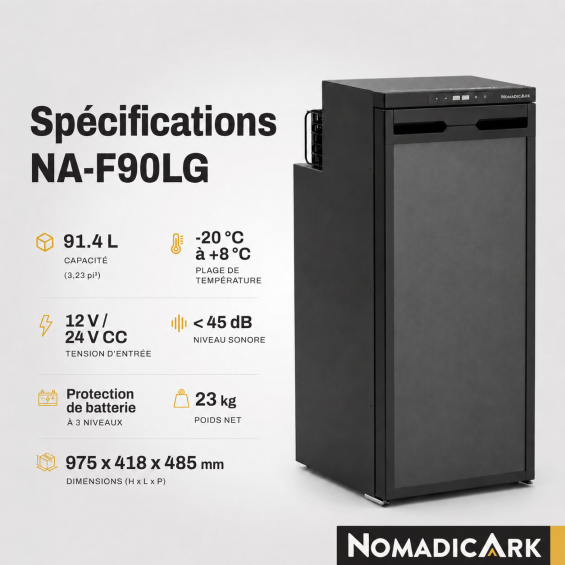 Caractéristiques techniques du Réfrigérateur avec freezer amovible 12v 90l - NOMADIC ARK