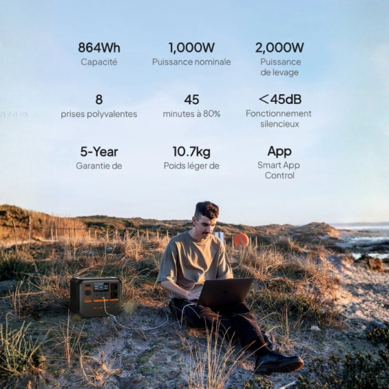 Utilisation nomade de la batterie Bluetti AC70P 864Wh en extérieur avec résumé des spécifications techniques.