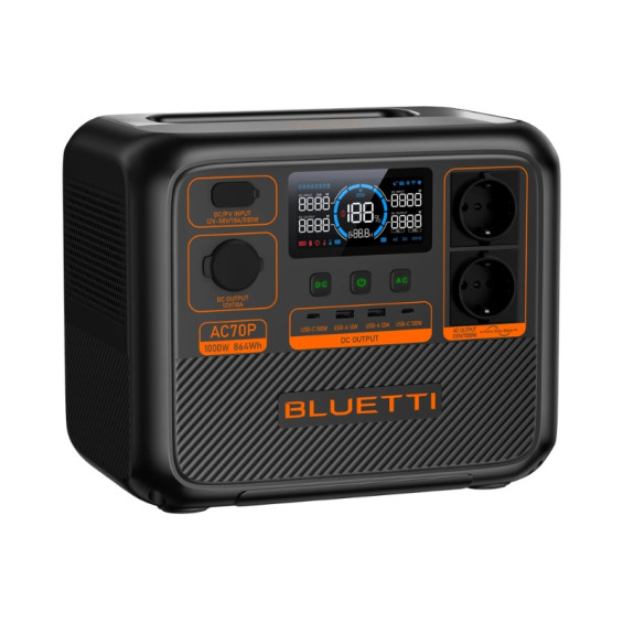 Générateur électrique solaire Bluetti AC70P Premium 80 affichant le design compact de trois-quarts
