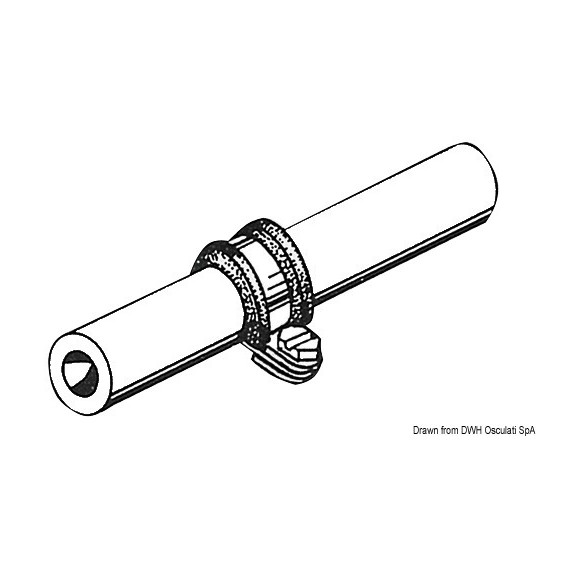 Collier de fixation inox caoutchouté installé et serré autour d'un tuyau cylindrique
