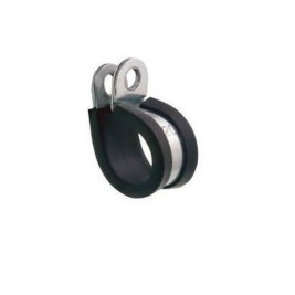 Collier de fixation inox caoutchouté ouvert, vue rapprochée sur la collerette en caoutchouc noir