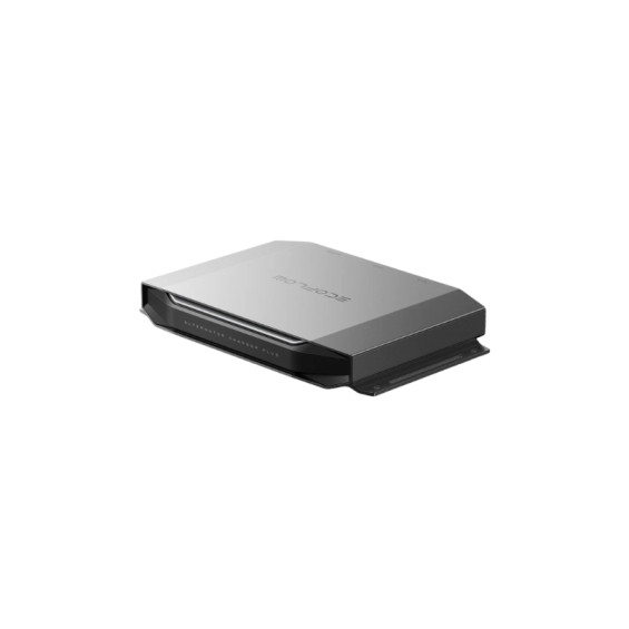 Vue en angle du chargeur gris avec câble de sortie