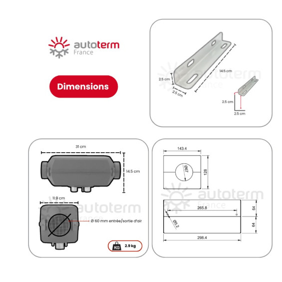 Dimensions Kit chauffage Autoterm Peugeot Boxer, Fiat Ducato, Citroën jumper, Opel movano L1 et L2