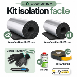 Produits du kit Armaflex 10mm, armaflex 19mm, gants, cutter, cleaner et tape avec leurs quantités pour le Citröen Jumpy M