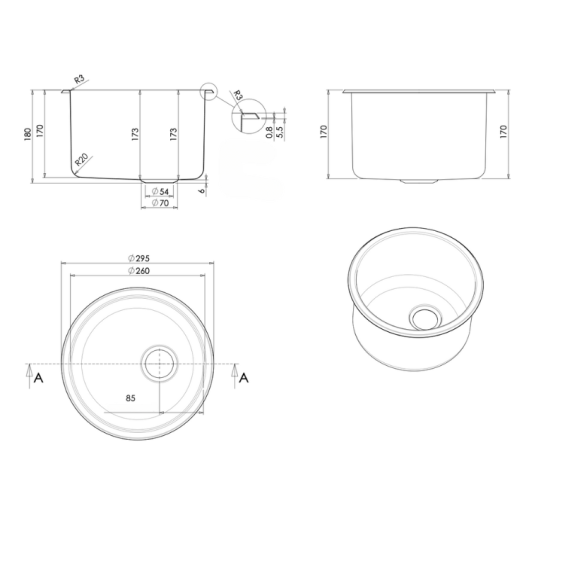 Evier rond inox 260mm