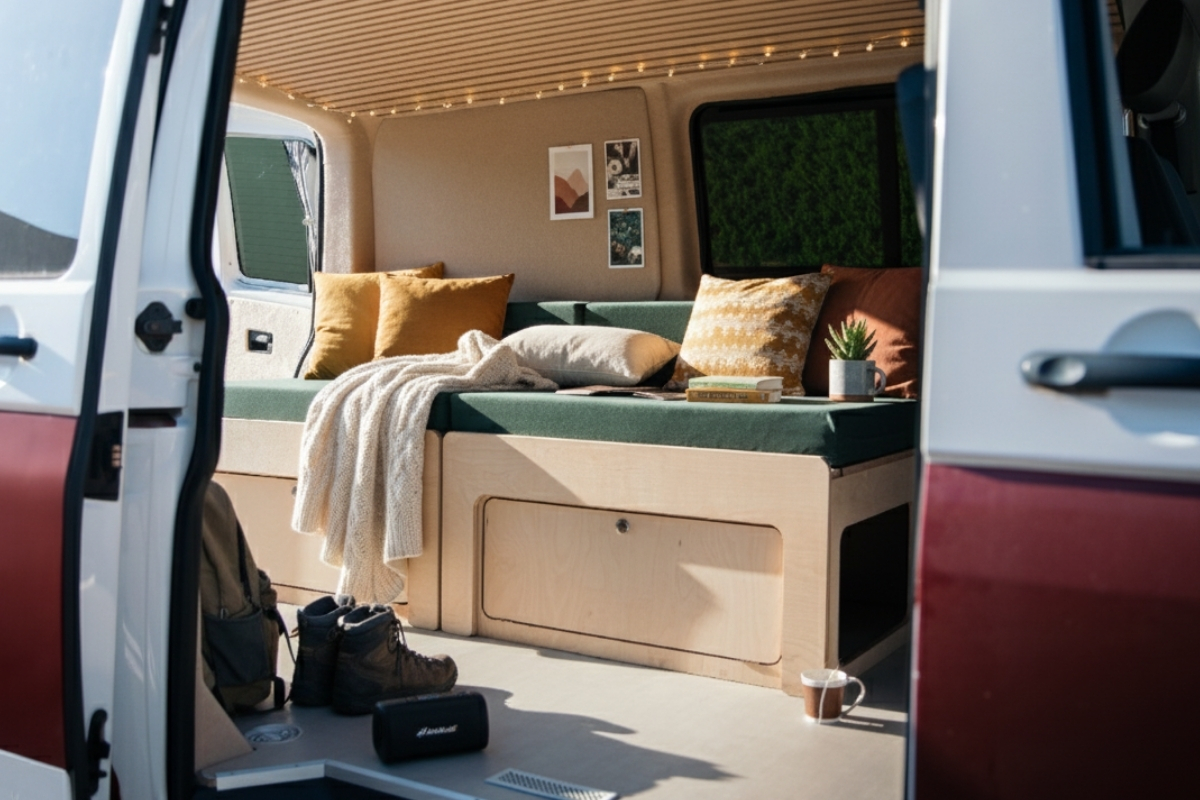 Photo d'un lit peigne dans un van bicolore