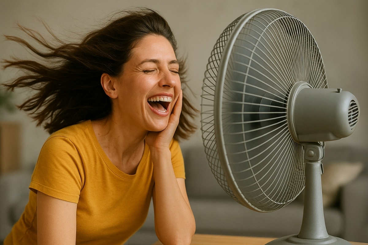 Femme souriante devant un ventilateur