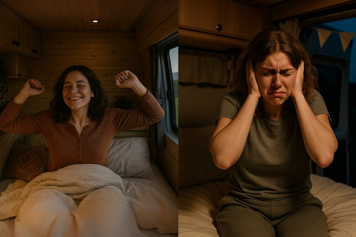 Femme qui se réveille contente et femme qui n'arrive pas à dormir