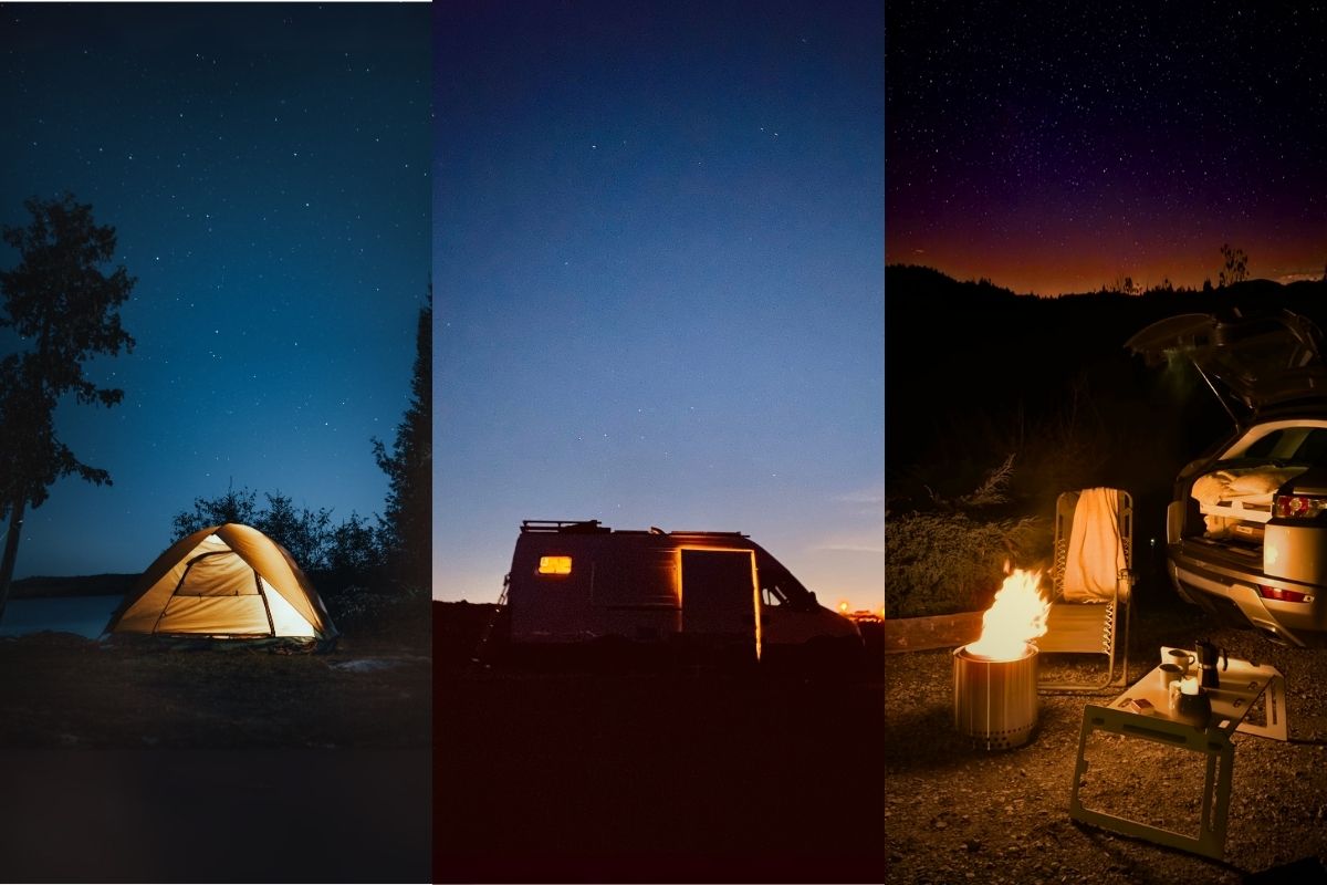 Image d'une tente, d'un van et d'une voiture avec une table dépliée la nuit