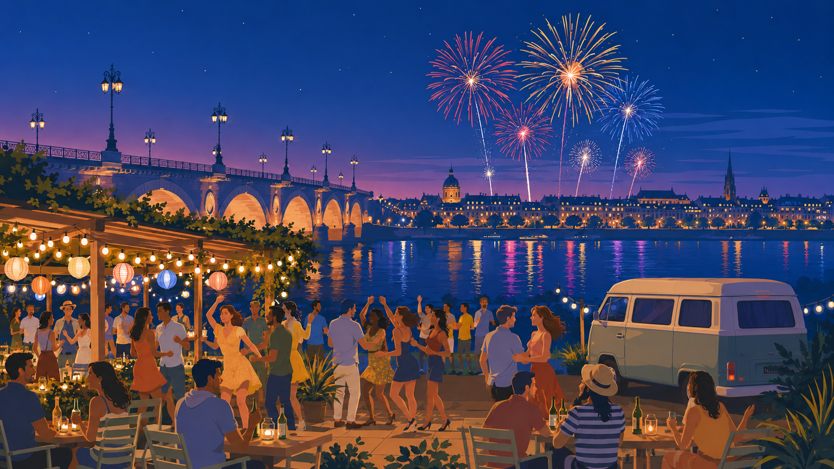 Feu d'artifice avec guinguette sur les quais rive droite de Bordeaux