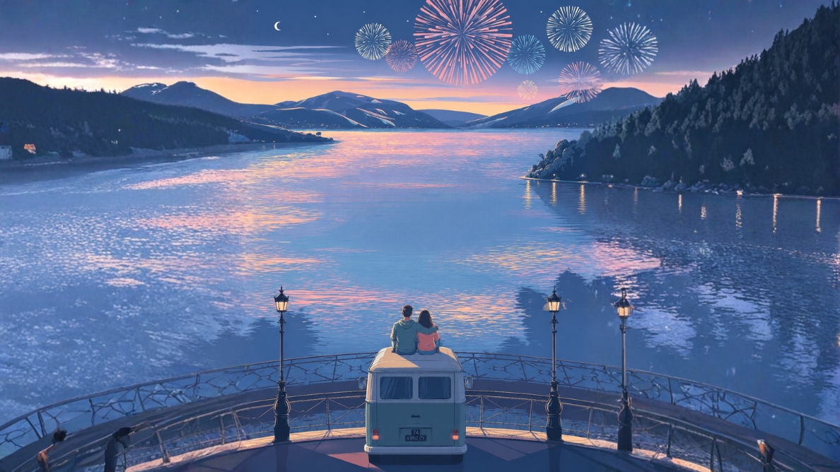 Couple admirant le feu sur le lac assis sur le toit d'un van