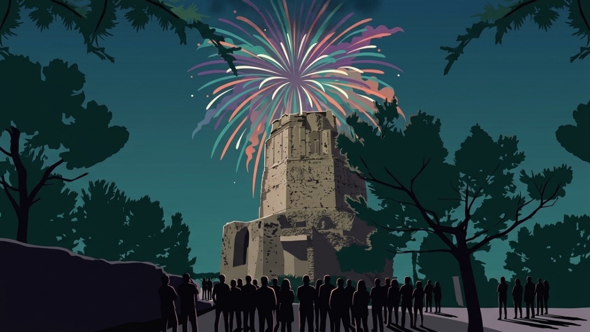 Personnes admirant un feu d'artifice derrière la tour de Magne