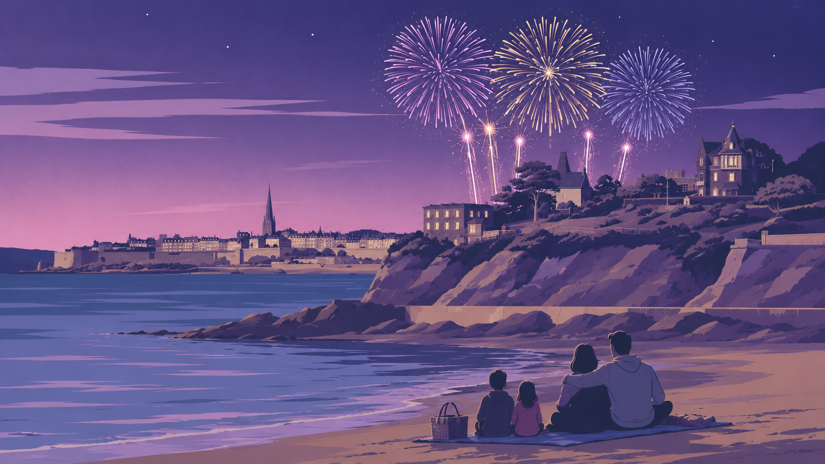 Famille regardant le feu d'artifice de Saint-Malo depuis la plage