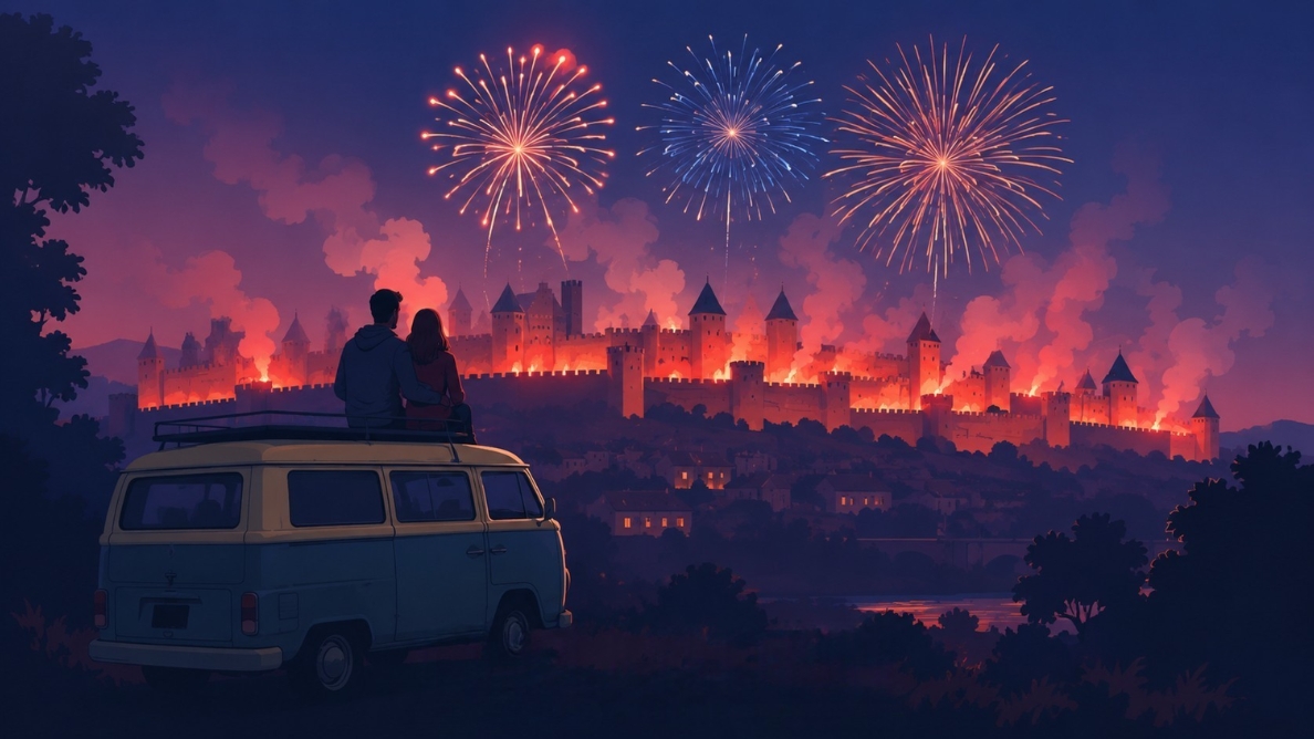 Couple admirant les feux d'artifices sur la cité de carcasonne depuis son van