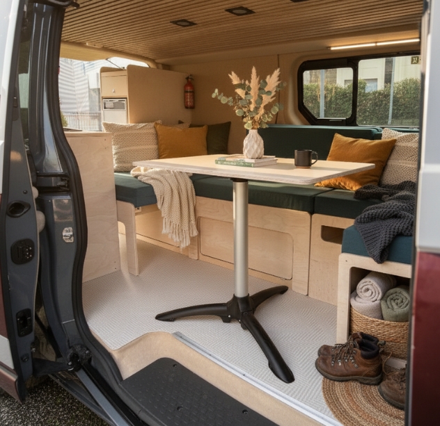 Ausgebauter Van mit Tisch